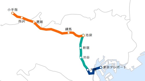 Commuter route map from Kotesashi to Tokyo Teleport