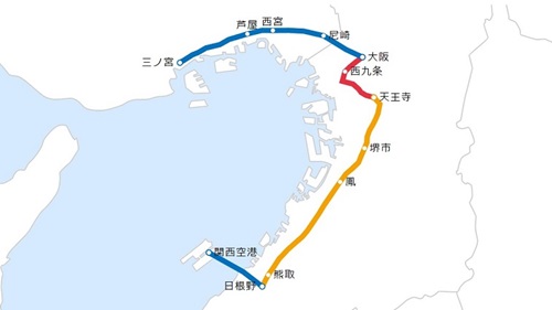 関西出張で関西空港から三ノ宮へ向かう乗り換え路線図